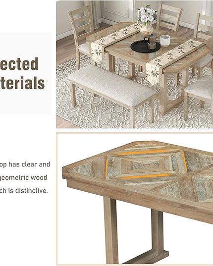 Merax 6-Piece Rubber Dining Table Set with 4 Cushioned Chairs and Bench, Beautiful Grain Pattern Tabletop, Natural Wood Wash - LeafyLoom