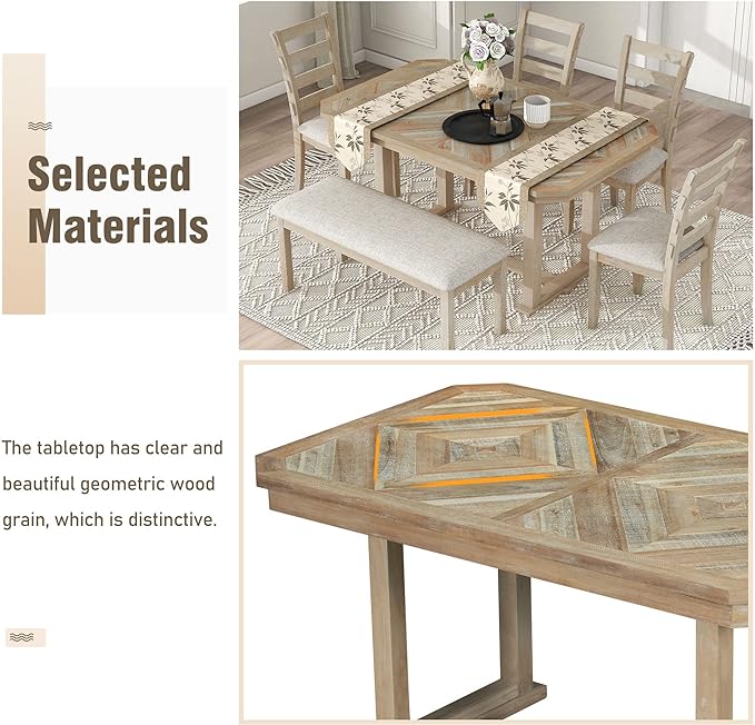 Kitchen Chair 6-Piece Rubber Dining Table Set with Beautiful Grain Pattern Tabletop Solid Veneer and Soft Cushion, Natural Wood Wash, Onesize - LeafyLoom