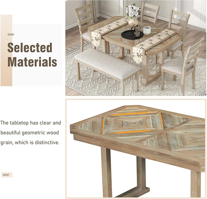6-Piece Wooden Dining Table Set Pattern Tabletop and 4 Upholstered Chairs & Bench, 60" L x 36" W x 30.3" H, Natural(Beautiful Wood Grain) - LeafyLoom