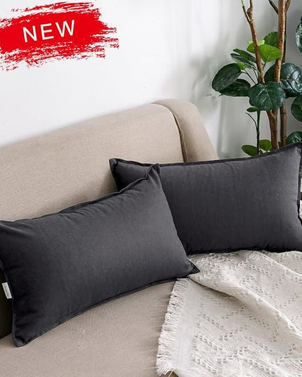 Jeanerlor Natural Cotton Linen Decorative Lumbar Throw Pillow Case Dark Grey Cushion Cover with Twin Needles Stitch on Edge,for Office/Coffee Shop 12"x20" 2 pack - LeafyLoom