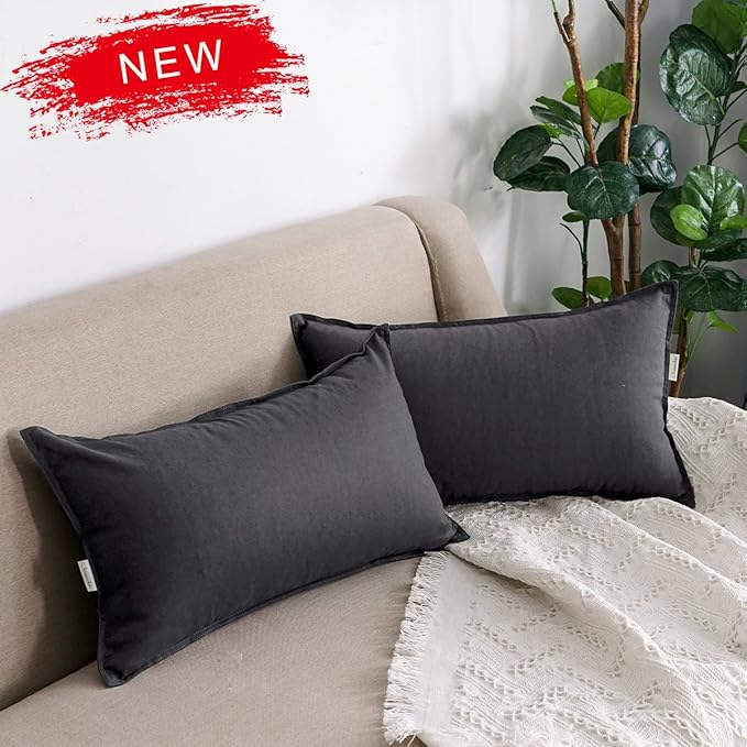 Jeanerlor Natural Cotton Linen Decorative Lumbar Throw Pillow Case Dark Grey Cushion Cover with Twin Needles Stitch on Edge,for Office/Coffee Shop 12"x20" 2 pack - LeafyLoom