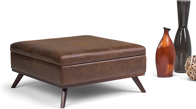 SIMPLIHOME Owen 36 Inch Wide Mid Century Modern Square Coffee Table Lift Top Storage Ottoman in Upholstered Distressed Chestnut Brown Faux Leather, For the Living Room - LeafyLoom