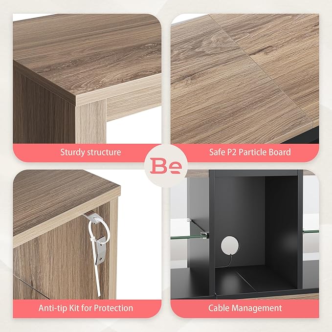 Bestier 55 Inch TV Stand with LED light, Adjustable Glass Shelves, 22 Dynamic RGB Colors, P2 Particle Board, for Entertainment Center, Living Room, Gaming Room, and Bedroom, Pinewood - LeafyLoom