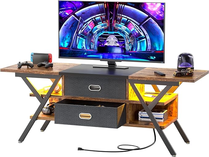 TV Stand for 55''/65'' TV - LED TV Stands with Power Outlets for Living Room, TV Entertainment Center with Storage, Modern Gaming TV Stand with Drawers for Bedroom, Entertainment Stand 55'', Vintage - LeafyLoom