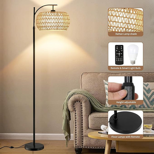 Floor Lamp for Living Room Bedroom Boho Rattan&Fabric Arc Standing Lamp with Remote Dimmable Black Farmhouse Wicker Bamboo Lamp Shade Floor Light Tall Lamp Industrial Floor Lamps Bohemian Decor - LeafyLoom