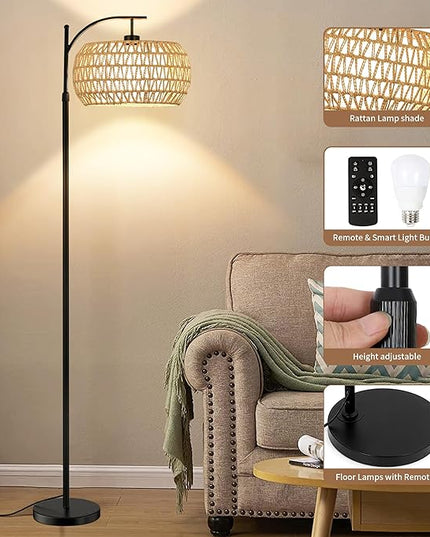 Floor Lamp for Living Room,Bedroom,Boho Rattan Floor Lights,Tree 3 Bulb Standing Lamp Farmhouse Industrial Black Tall Lamp,Wicker Bamboo Lamp Shade Flower Dimmable Floor Lamps Bohemian Decor - LeafyLoom