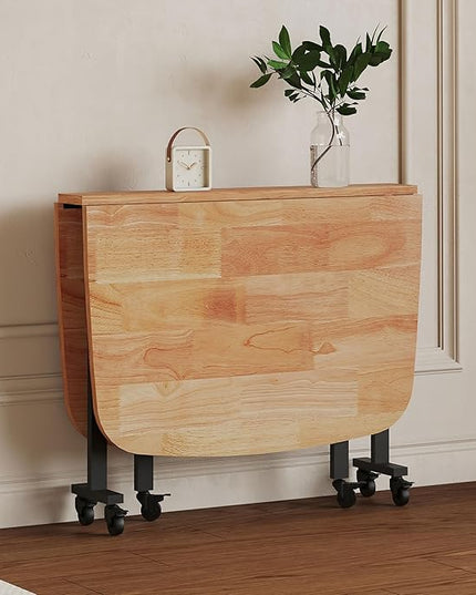 Multifunction Table Drop Leaf Dining Table - 47" Solid Wooden Foldable Kitchen Table with 6 Wheels (Natural) - LeafyLoom