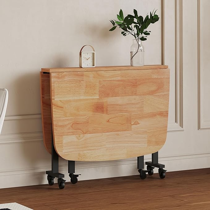 Multifunction Table Drop Leaf Dining Table - 47" Solid Wooden Foldable Kitchen Table with 6 Wheels (Natural) - LeafyLoom