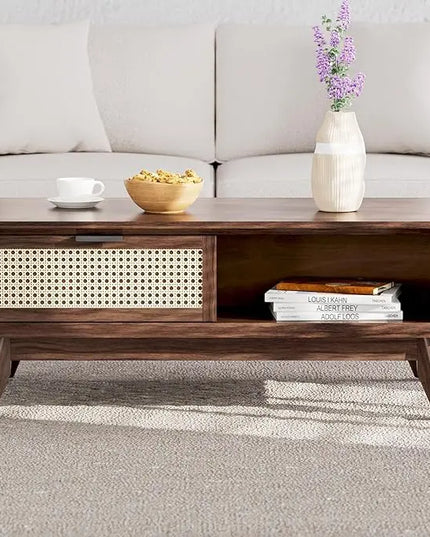 Bme Modern Solid Wood Coffee Table with Storage, Accent Rattan Design, Perfect for Living Room, Walnut, Medium - LeafyLoom