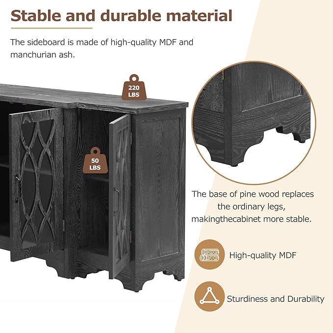 58" Retro Sideboard Glass Door with Curved Line Design,Wood Ample Storage Cabinet,W/Black Handle and Three Adjustable Shelves,for Dining Living Room Entryway - LeafyLoom