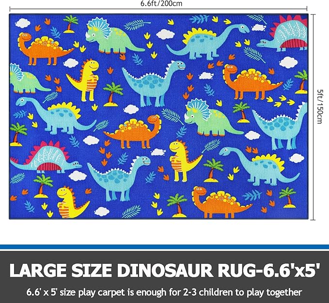 Capslpad Blue Dinosaur Kids Play Rugs for Boys Bedroom Colourful Cartoon Dinosaur Decor Kids Area Rug Non-Slip Washable Dinosaur Carpet Rugs for Kids Room,Playroom,Nursery Room Decor,5'×6.6' - LeafyLoom