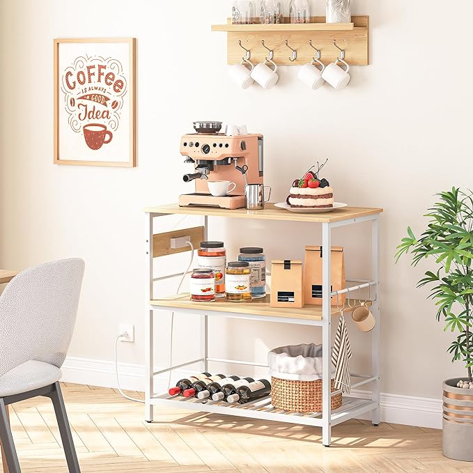 HOOBRO Kitchen Island with Storage, Kitchen Island Table with Power Outlet, 3 Tier Coffee Station and Microwave Stand, for Home, Kitchen and Dining Room, Natural and White WN021ZD01 - LeafyLoom