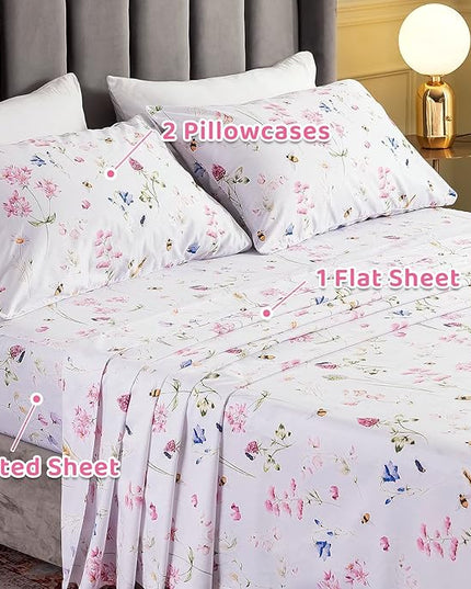 QSH Floral Bed Sheets Set King Size - Shabby Flower Bee Print Bed Sheet Set - Extra Soft and Breathable 100% Egyptian Cotton - 4 pcs King Size Sheets with Deep Pockets Flower Bed Sheets - LeafyLoom