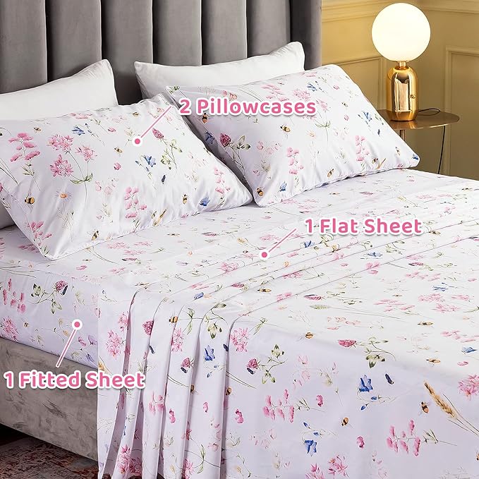 QSH Floral Bed Sheets Set King Size - Shabby Flower Bee Print Bed Sheet Set - Extra Soft and Breathable 100% Egyptian Cotton - 4 pcs King Size Sheets with Deep Pockets Flower Bed Sheets - LeafyLoom