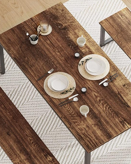 soges Kitchen Table Set with 2 Benches, Bench Dining Table Set for 4, 3 Piece Dining Room Table and Long Benches, Breakfast Table Coffee Table Set, Industrial Style Wooden Kitchen and Dining Room Set - LeafyLoom