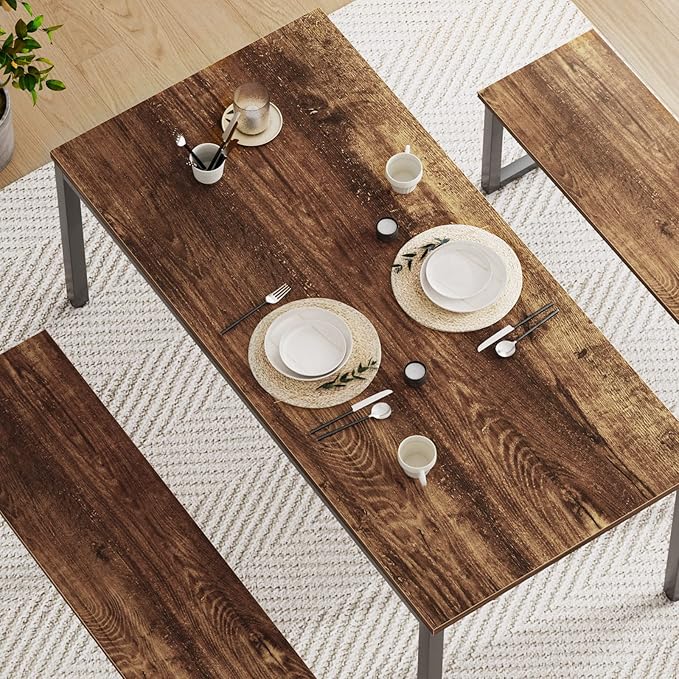 soges Kitchen Table Set with 2 Benches, Bench Dining Table Set for 4, 3 Piece Dining Room Table and Long Benches, Breakfast Table Coffee Table Set, Industrial Style Wooden Kitchen and Dining Room Set - LeafyLoom