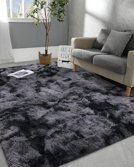 4x6 Large Area Rugs for Living Room, Super Soft Fluffy Modern Bedroom Rug, Tie-Dyed Dark Grey Indoor Shag Fuzzy Carpets for Girls Kids Nursery Room Home Decor - LeafyLoom