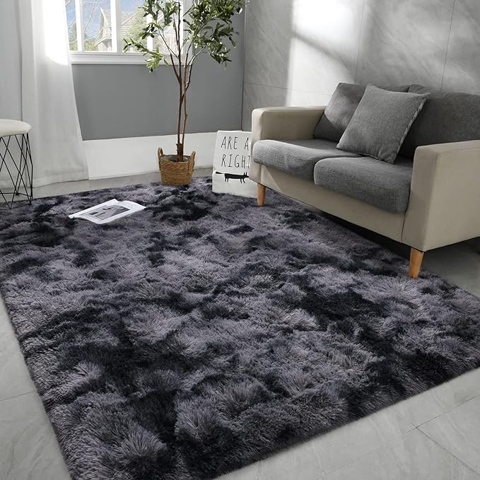 4x6 Large Area Rugs for Living Room, Super Soft Fluffy Modern Bedroom Rug, Tie-Dyed Dark Grey Indoor Shag Fuzzy Carpets for Girls Kids Nursery Room Home Decor - LeafyLoom