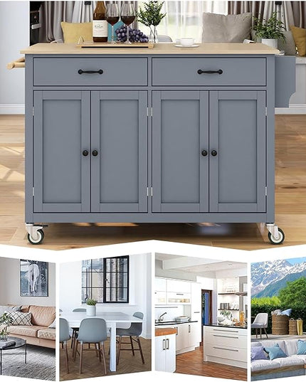 Kitchen Island Cart with Solid Wood Top, Mobile Kitchens Carts with Storage Cabinet, Rolling Kitchen Table w/Spice Rack, Towel Rack, and Drawer, Portable Islands on Wheels for Bar - LeafyLoom