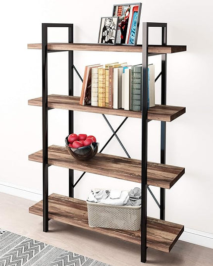 45MinST 4-Tier Vintage Industrial Style Bookcase/Metal and Wood Bookshelf Furniture for Collection,Vintage Brown, 3/4/5 Tier (4-Tier) - LeafyLoom