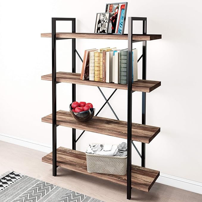 45MinST 4-Tier Vintage Industrial Style Bookcase/Metal and Wood Bookshelf Furniture for Collection,Vintage Brown, 3/4/5 Tier (4-Tier) - LeafyLoom