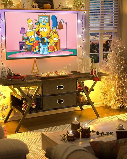TV Stand for 55''/65'' TV - Carbon Fiber Black LED TV Stands with Power Outlets for Living Room, TV Entertainment Center with Storage, Gaming TV Stand with Drawers for Bedroom, Entertainment Stand - LeafyLoom