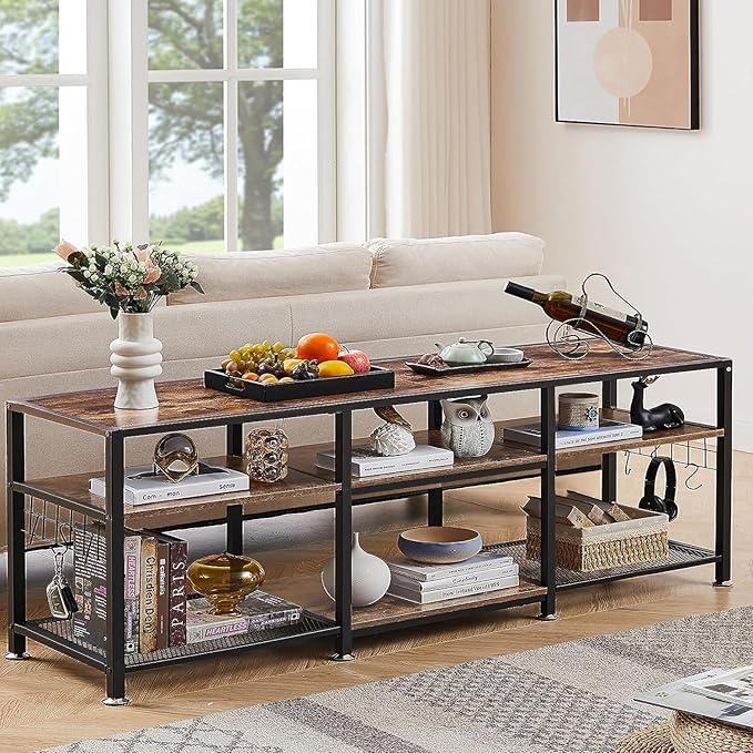 VECELO TV Stand for Televisions up to 75 Inch, Industrial Entertainment Center with 3-Tier Open Storage Shelves& Hooks for Living, Bedroom and Gaming Room, 70 in, Brown - LeafyLoom