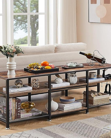 VECELO TV Stand for Televisions up to 75 Inch, Industrial Entertainment Center with 3-Tier Open Storage Shelves& Hooks for Living, Bedroom and Gaming Room, 70 Inch, Brown - LeafyLoom