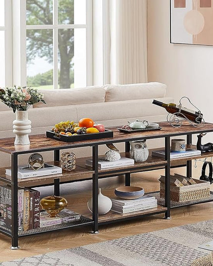 VECELO TV Stand for Televisions up to 70 Inch, Industrial Entertainment Center with 3-Tier Open Storage Shelves& Hooks for Living, Bedroom and Gaming Room, 63 Inch, Brown - LeafyLoom