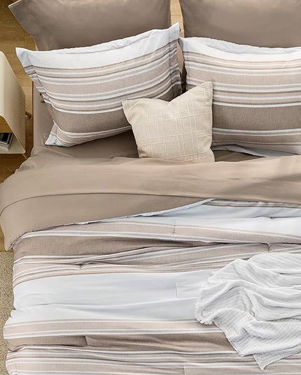 Bedsure Brown Twin Size Comforter Sets 5 Pieces - Striped Beddding sets, Bed in a Bag Twin with Comforter, Fitted Sheet, Flat Sheet, Pillowcase & Shams - LeafyLoom