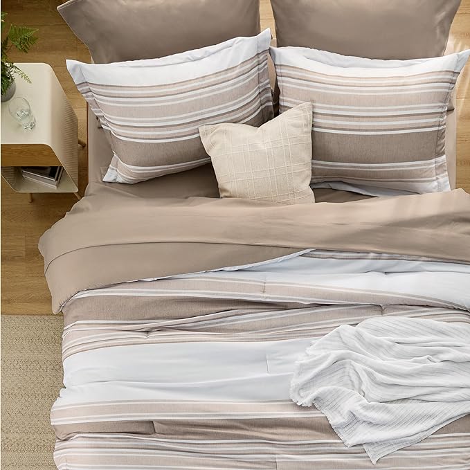 Bedsure Brown Twin Size Comforter Sets 5 Pieces - Striped Beddding sets, Bed in a Bag Twin with Comforter, Fitted Sheet, Flat Sheet, Pillowcase & Shams - LeafyLoom
