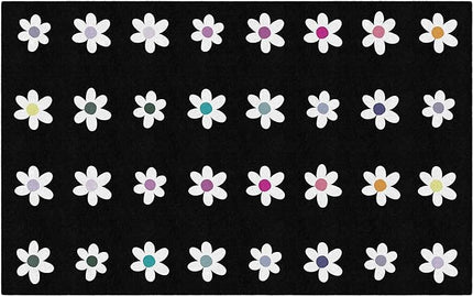 Flagship Carpets Schoolgirl Style Daisies on Black Criss-Cross Applesauce Educational Area Rug for Kids Room, Children's Classroom, Play Carpet for Teaching and Playroom, 7'6" x 12', Seats 32 - LeafyLoom