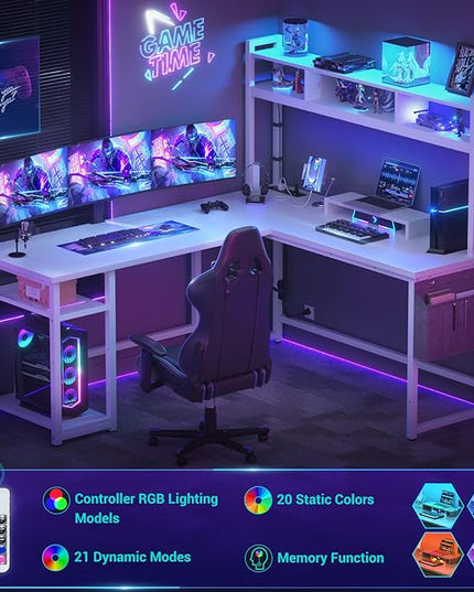 Aheaplus L Shaped Desk with Power Outlet & LED Strip, Reversible L-Shaped Corner Computer Desks Gaming Desk with Storage Shelf & Monitor Stand, Modern 2 Person Home Office Desk, Writing Desk, White - LeafyLoom