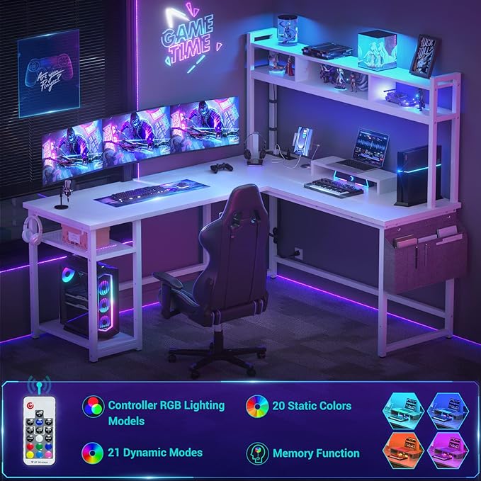 Aheaplus L Shaped Desk with Power Outlet & LED Strip, Reversible L-Shaped Corner Computer Desks Gaming Desk with Storage Shelf & Monitor Stand, Modern 2 Person Home Office Desk, Writing Desk, White - LeafyLoom