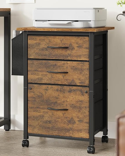 3 Drawer File Cabinet with 18'' Extended Board, Fabric Drawer, Mobile Filing Cabinet Fits A4/Letter Size Files, Rolling Printer Stand with Storage Bag, File Cabinet Home Office, Rustic Brown - LeafyLoom