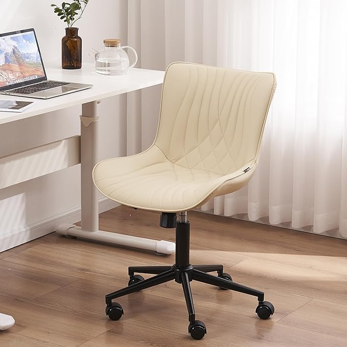 YOUTASTE Office Chair Armless Desk Chair Small Computer Swivel Rolling Chair with Wheels, Modern Upholstered PU Leather Computer Sewing Chair, Adjustable Home Office Desk Chairs, Beige - LeafyLoom