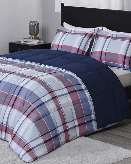 downluxe King Size Comforter Set (104"x92") 3-Piece,Plaid Navy Reversible Comforter,2 Reversible Pillow Shams 20"x36",Microfiber King Comforter,Soft and Comfortable - LeafyLoom