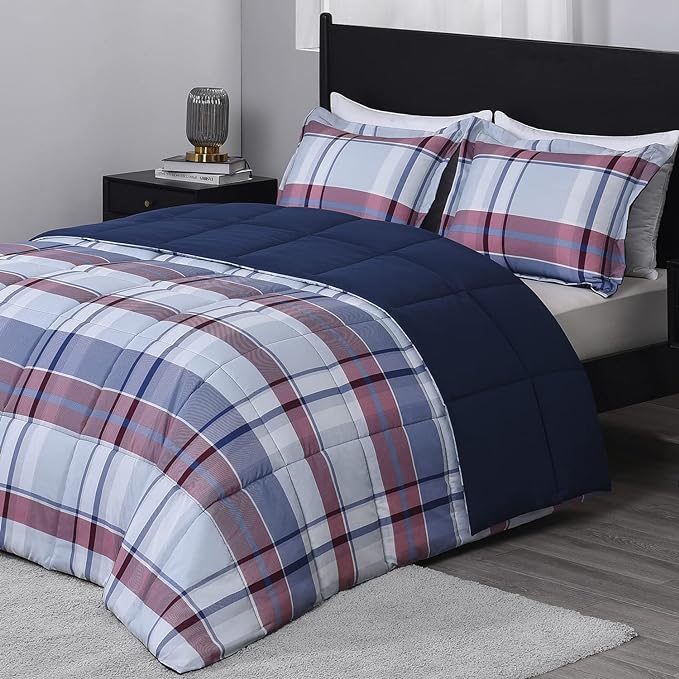 downluxe King Size Comforter Set (104"x92") 3-Piece,Plaid Navy Reversible Comforter,2 Reversible Pillow Shams 20"x36",Microfiber King Comforter,Soft and Comfortable - LeafyLoom