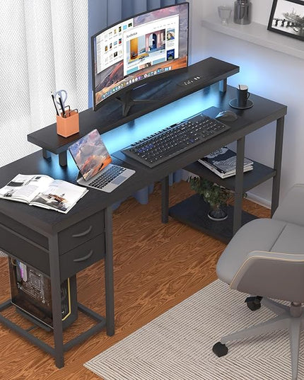 Computer Desk with Drawer and Power Outlets, Gaming Desk with LED Light, Work Desk with Shelves and PC Stand for Home Office (Black) - LeafyLoom