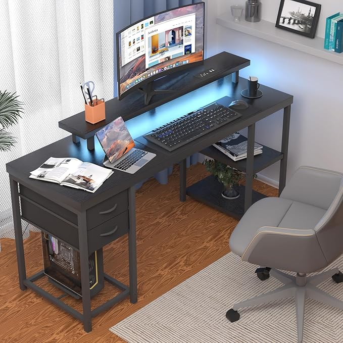Computer Desk with Drawer and Power Outlets, Gaming Desk with LED Light, Work Desk with Shelves and PC Stand for Home Office (Black) - LeafyLoom