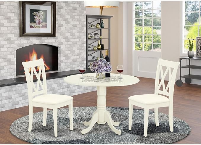 East West Furniture DLCL3-WHI-C Dublin 3 Piece Set for Small Spaces Contains a Round Dining Room Table with Dropleaf and 2 Fabric Upholstered Chairs, 42x42 Inch, Linen White - LeafyLoom