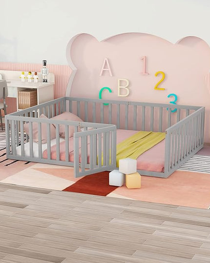 Multifunctional Queen Size Floor Bed with Safety Guardrails and Door, Montessori Sturdy Solid Wood Beds Frame, Easy Assembly and No Spring Need, for Boys and Girls Room, Gray - LeafyLoom