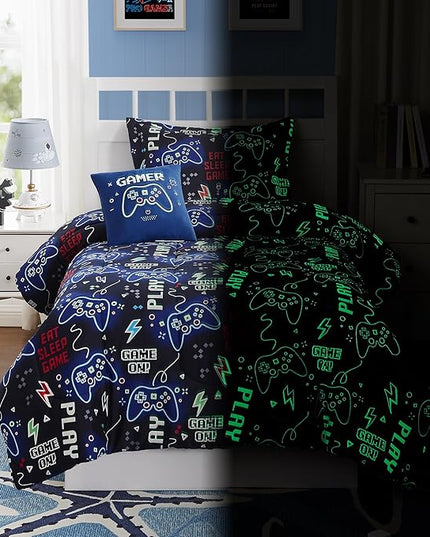 KALEIDOSPACE Kids Comforter Set Full Size for Boys, Glow in The Dark Gamer Bedding Set Full-1 Full Comforter, 1 Decor Pillow, 2 Pillow Shams - LeafyLoom
