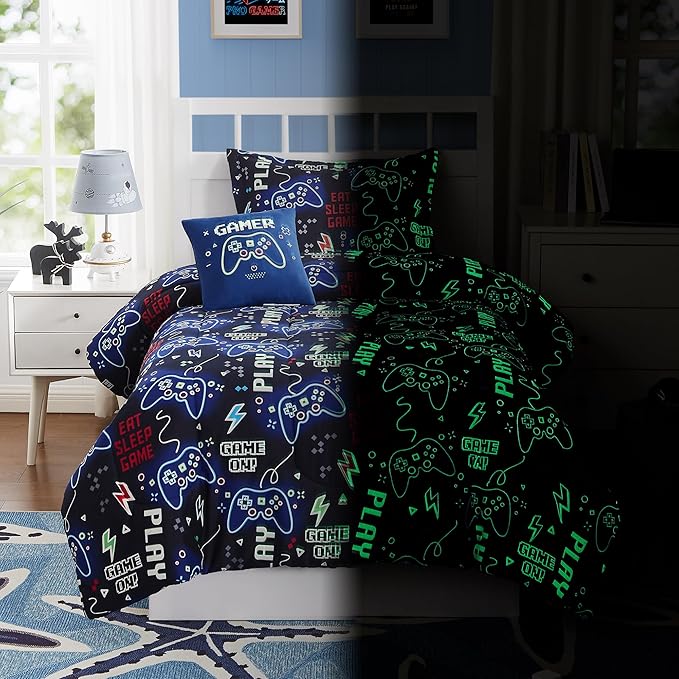 KALEIDOSPACE Kids Comforter Set Full Size for Boys, Glow in The Dark Gamer Bedding Set Full-1 Full Comforter, 1 Decor Pillow, 2 Pillow Shams - LeafyLoom