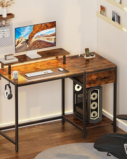 Computer Desk with Drawer and Power Outlets, 47" Office Desk with Monitor Stand and Led Lights, Work Desk for Home Office,Sturdy Writing Desk with Shelves and 2 Headphone Hooks,Rustic Brown - LeafyLoom