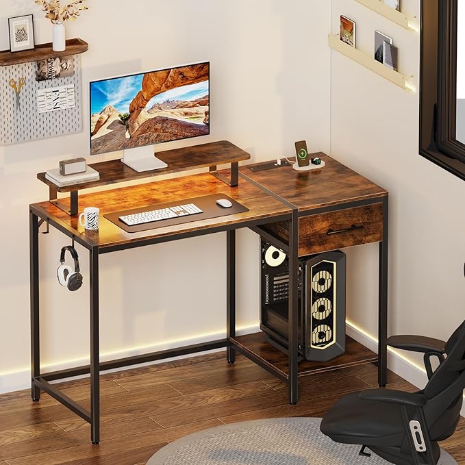Computer Desk with Drawer and Power Outlets, 47" Office Desk with Monitor Stand and Led Lights, Work Desk for Home Office,Sturdy Writing Desk with Shelves and 2 Headphone Hooks,Rustic Brown - LeafyLoom