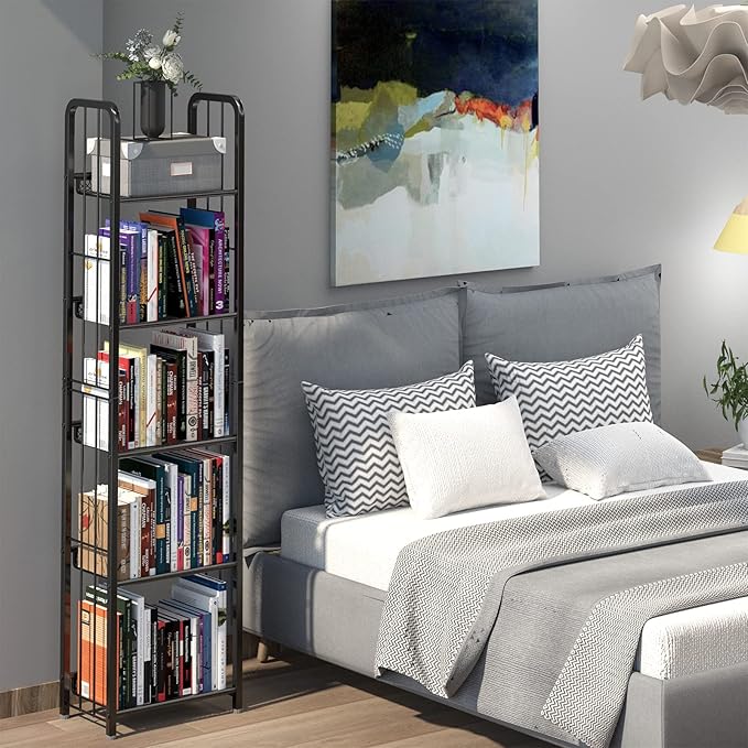 Bookshelf Storage Shelf Bookcase Freestanding Storage Stand for Living Room, Bedroom, Kitchen Rust Resistance Easy Assembly Free Combination Multi-Functional Organizer (5 Tiers, Black) - LeafyLoom
