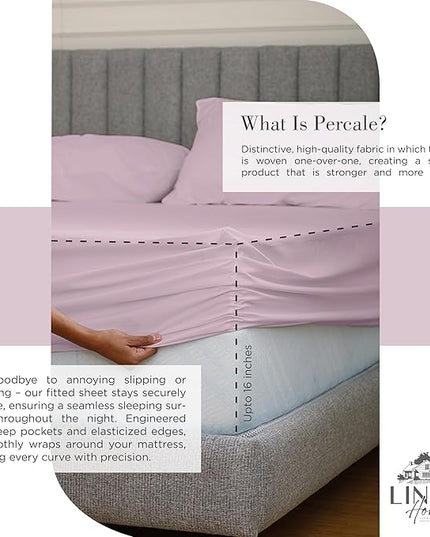 100% Cotton Percale Sheets Twin Size,Mauve Lavender, Deep Pocket, 3 Pieces Sheet Set - 1 Flat, 1 Deep Pocket Fitted Sheet and 1 Pillowcase, Crisp Cool and Strong Bed Linen - LeafyLoom
