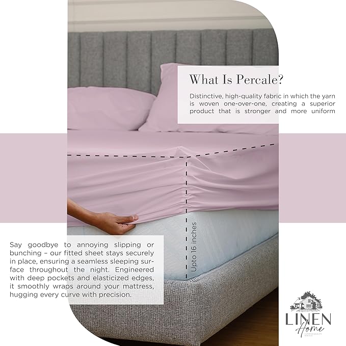 100% Cotton Percale Sheets Twin Size,Mauve Lavender, Deep Pocket, 3 Pieces Sheet Set - 1 Flat, 1 Deep Pocket Fitted Sheet and 1 Pillowcase, Crisp Cool and Strong Bed Linen - LeafyLoom