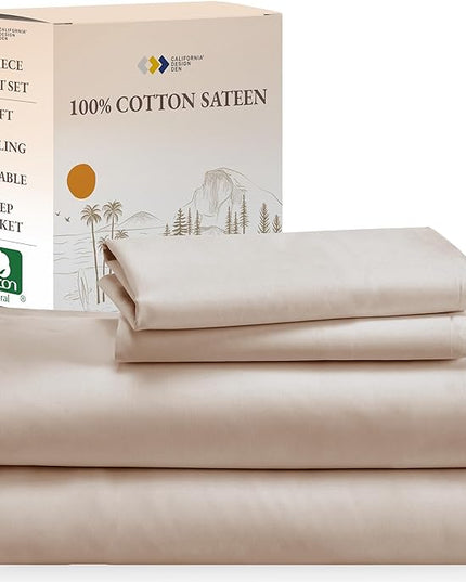 California Design Den Soft 100% Cotton Sheets King Size Bed Sheets Set with Deep Pockets, 4 Piece King Sheets Set with Sateen Weave, Cooling Sheets (Beige) - LeafyLoom